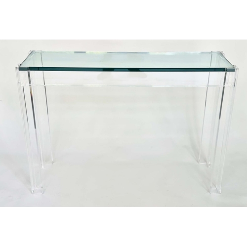 298 - LUCITE CONSOLE TABLE, rectangular plate glass in lucite supports, 109cm W x 34cm D x 75cm H.