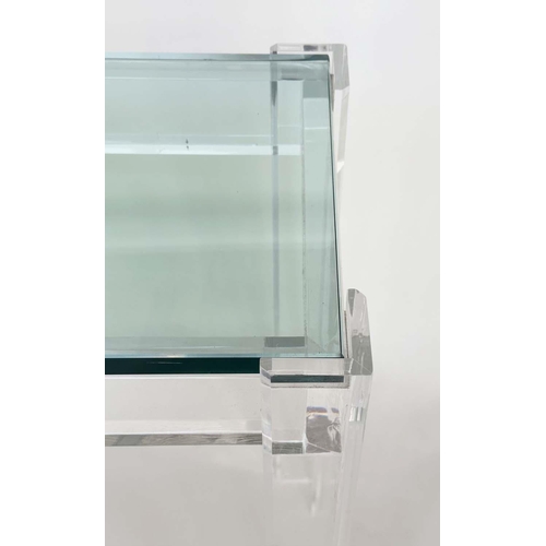 298 - LUCITE CONSOLE TABLE, rectangular plate glass in lucite supports, 109cm W x 34cm D x 75cm H.