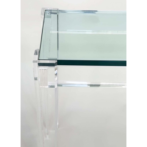 298 - LUCITE CONSOLE TABLE, rectangular plate glass in lucite supports, 109cm W x 34cm D x 75cm H.