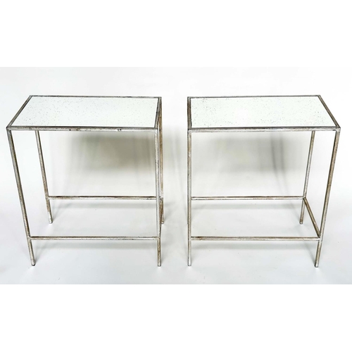 300 - SIDE TABLES, a pair, French style, rectangular antique style leaf silvered metal framed and mirror t... 