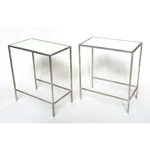 300 - SIDE TABLES, a pair, French style, rectangular antique style leaf silvered metal framed and mirror t... 