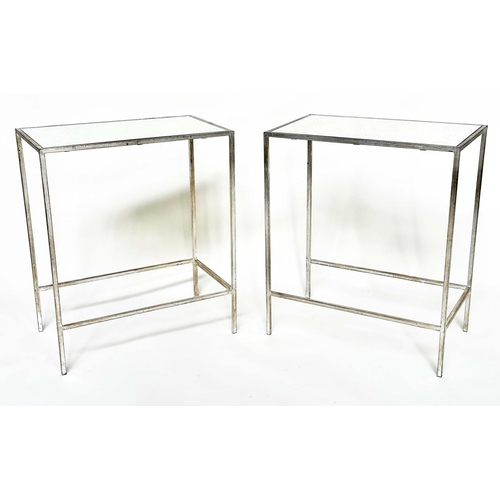 300 - SIDE TABLES, a pair, French style, rectangular antique style leaf silvered metal framed and mirror t... 