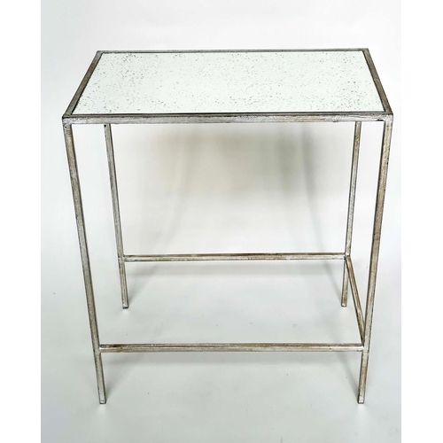 300 - SIDE TABLES, a pair, French style, rectangular antique style leaf silvered metal framed and mirror t... 