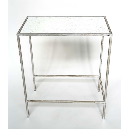 300 - SIDE TABLES, a pair, French style, rectangular antique style leaf silvered metal framed and mirror t... 