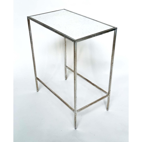 300 - SIDE TABLES, a pair, French style, rectangular antique style leaf silvered metal framed and mirror t... 