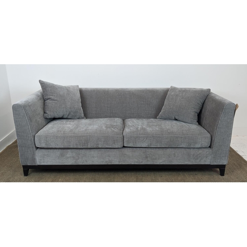 301 - SOFA, dark grey upholstered, ebonised supports, 200cm x 85cm x 90cm.