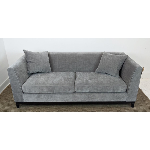 301 - SOFA, dark grey upholstered, ebonised supports, 200cm x 85cm x 90cm.