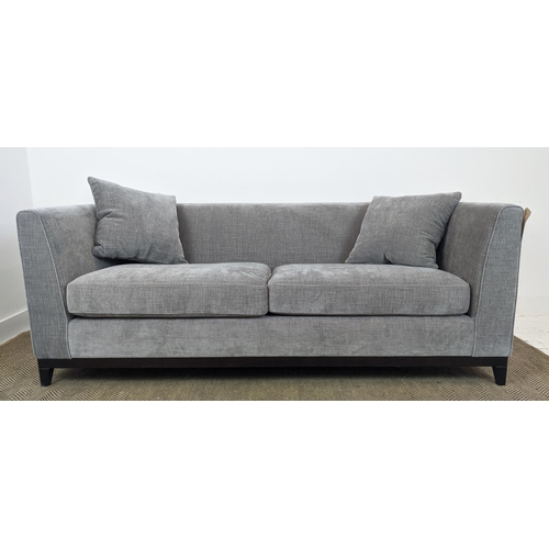 301 - SOFA, dark grey upholstered, ebonised supports, 200cm x 85cm x 90cm.