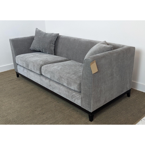 301 - SOFA, dark grey upholstered, ebonised supports, 200cm x 85cm x 90cm.