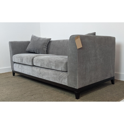 301 - SOFA, dark grey upholstered, ebonised supports, 200cm x 85cm x 90cm.