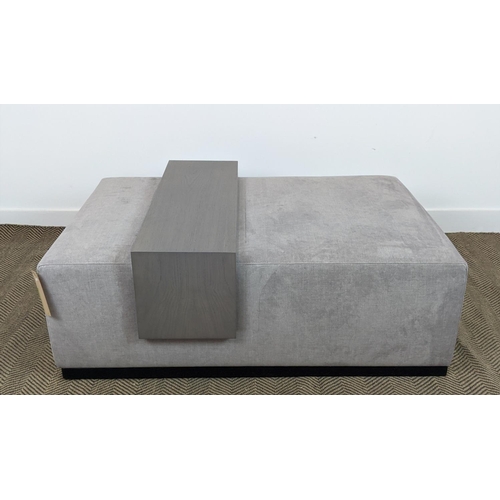 302 - OTTOMAN, grey fabric upholstered, with wooden table that fits over, 120cm x 80cm x 40cm.