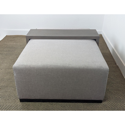 302 - OTTOMAN, grey fabric upholstered, with wooden table that fits over, 120cm x 80cm x 40cm.