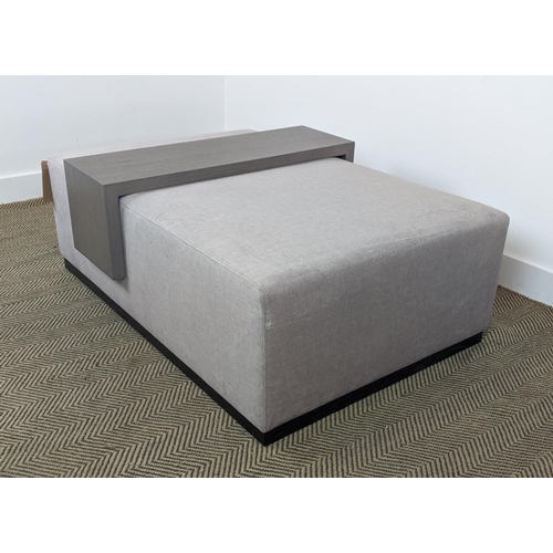 302 - OTTOMAN, grey fabric upholstered, with wooden table that fits over, 120cm x 80cm x 40cm.