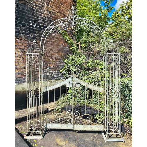 371 - ARCHITECTURAL GARDEN GATE, Regency style, distressed metal frame, 250cm high, 185cm wide, 38cm deep.