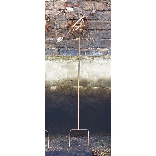 372 - ARMILLARY SPHERE GARDEN STAKES, a set of four, 115cm H x 39cm W x 17cm D. (4)