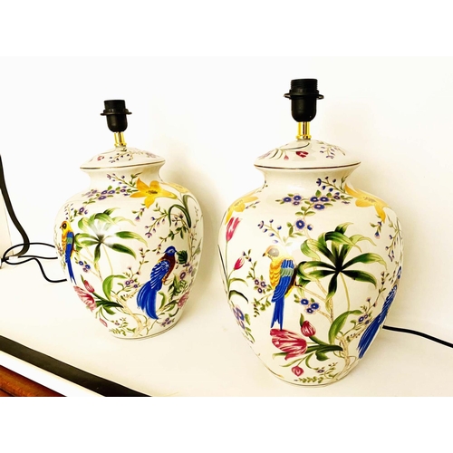 379 - TABLE LAMPS, a pair, glazed ceramic with decoration depicting exotic birds amongst floral foliage, 4... 