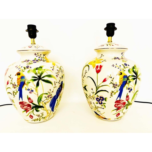 379 - TABLE LAMPS, a pair, glazed ceramic with decoration depicting exotic birds amongst floral foliage, 4... 