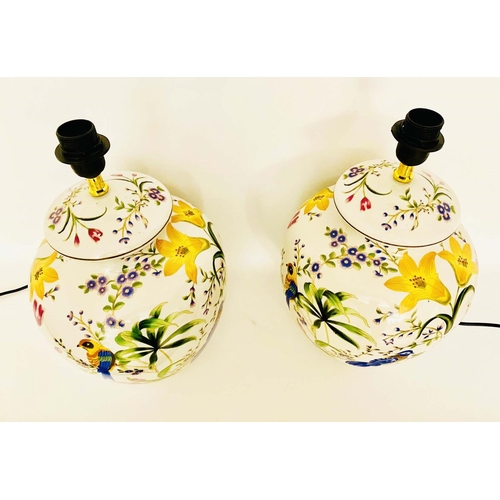 379 - TABLE LAMPS, a pair, glazed ceramic with decoration depicting exotic birds amongst floral foliage, 4... 