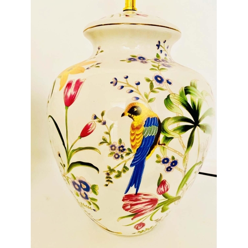 379 - TABLE LAMPS, a pair, glazed ceramic with decoration depicting exotic birds amongst floral foliage, 4... 