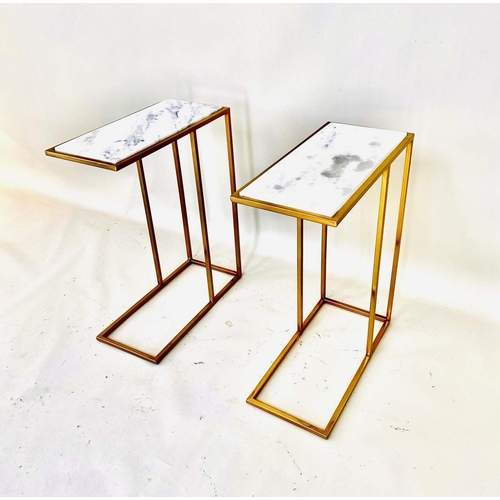 381 - SIDE TABLES, a pair, gilt metal, white marble tops, 60cm x 46cm x 22cm. (2)