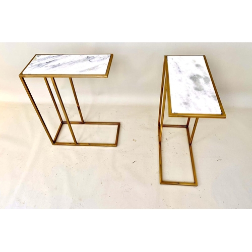 381 - SIDE TABLES, a pair, gilt metal, white marble tops, 60cm x 46cm x 22cm. (2)