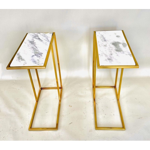 381 - SIDE TABLES, a pair, gilt metal, white marble tops, 60cm x 46cm x 22cm. (2)