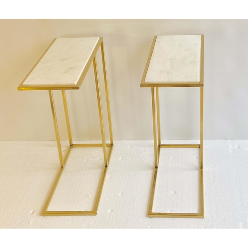 381 - SIDE TABLES, a pair, gilt metal, white marble tops, 60cm x 46cm x 22cm. (2)