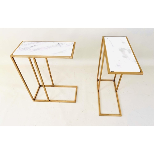 381 - SIDE TABLES, a pair, gilt metal, white marble tops, 60cm x 46cm x 22cm. (2)