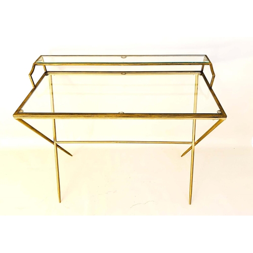 382 - WRITING DESK, 1960s French style, gilt metal and glass, 87cm x 95cm x 42cm.