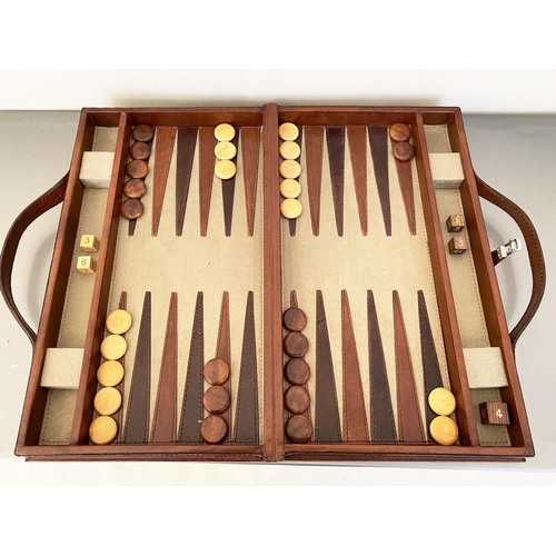 383 - BACKGAMMON SET, in leathered case, complete with counters, 7cm x 23cm x 40cm.