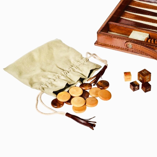 383 - BACKGAMMON SET, in leathered case, complete with counters, 7cm x 23cm x 40cm.