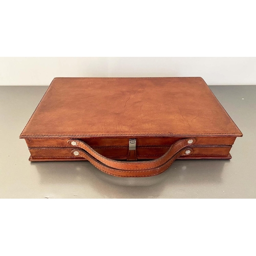 383 - BACKGAMMON SET, in leathered case, complete with counters, 7cm x 23cm x 40cm.