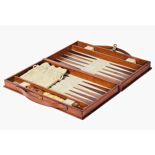 383 - BACKGAMMON SET, in leathered case, complete with counters, 7cm x 23cm x 40cm.