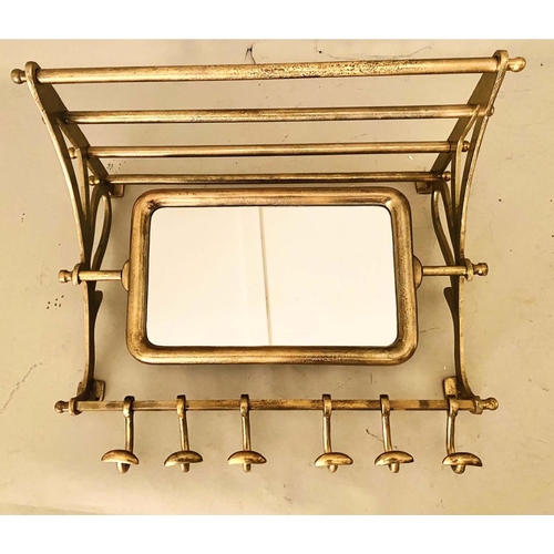 385 - WALL MOUNTING LUGGAGE RACK, rotating mirror and coat hooks, gilt metal, 54cm x 67cm x 36cm.