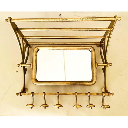 385 - WALL MOUNTING LUGGAGE RACK, rotating mirror and coat hooks, gilt metal, 54cm x 67cm x 36cm.