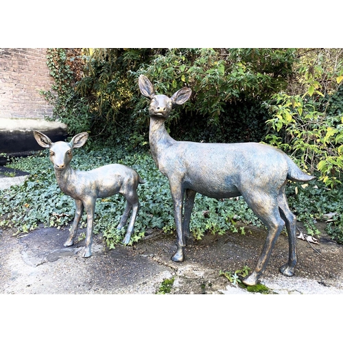 386 - SCULPTURAL DOE AND FAWN, resin in faux bronze finish, 89cm x 80cm x 35cm doe, 62cm x 53cm x 25cm faw... 