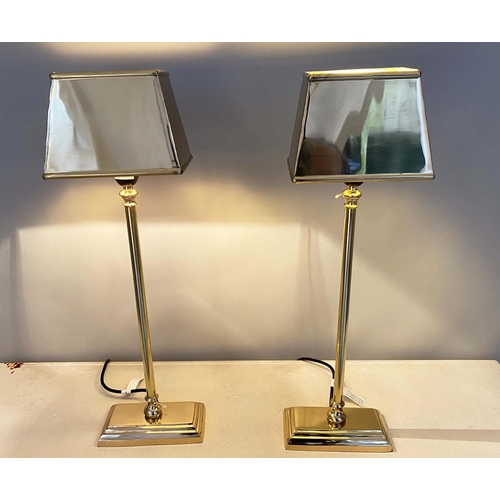 387 - LIBRARY LAMPS, a pair, polished metal, with shades, 59cm H (2)