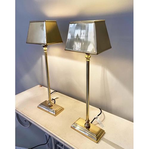 387 - LIBRARY LAMPS, a pair, polished metal, with shades, 59cm H (2)