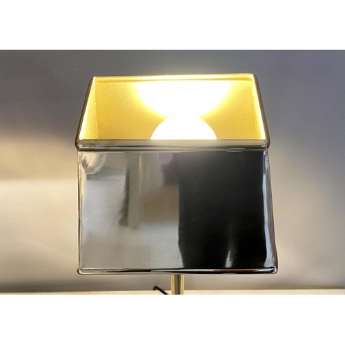 387 - LIBRARY LAMPS, a pair, polished metal, with shades, 59cm H (2)