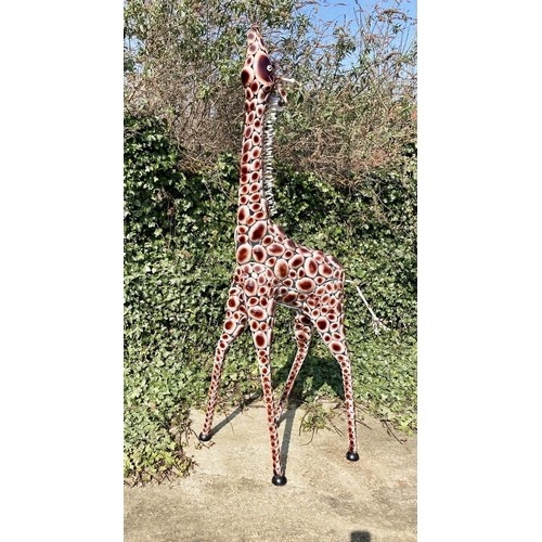 388 - CONTEMPORARY SCHOOL SCULPTURAL GIRAFFE, painted metal, 230cm x 75cm.