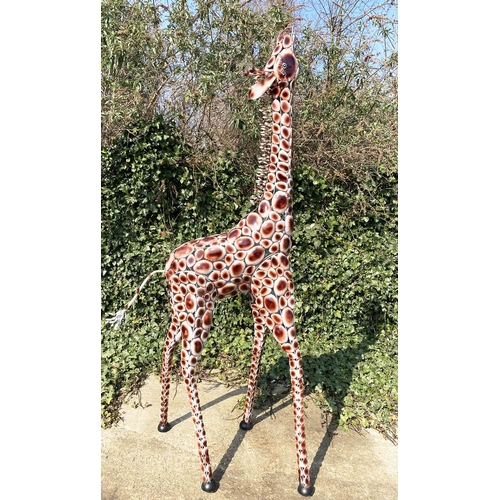 388 - CONTEMPORARY SCHOOL SCULPTURAL GIRAFFE, painted metal, 230cm x 75cm.