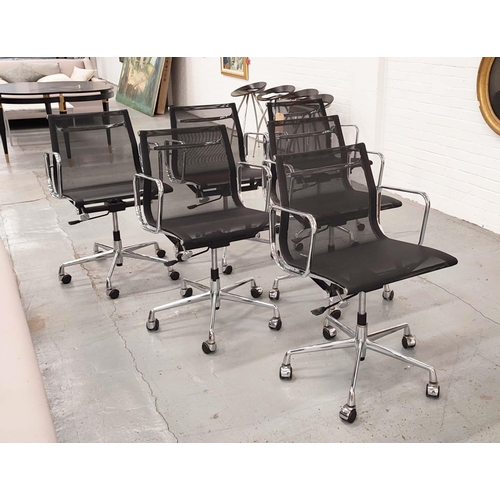 391 - AFTER CHARLES AND RAY EAMES ALUMINIUM GROUP STYLE CHAIRS, a set of six, mesh seats and backs, each 5... 