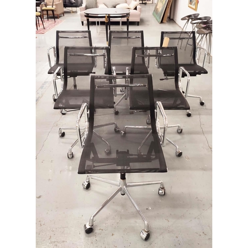 391 - AFTER CHARLES AND RAY EAMES ALUMINIUM GROUP STYLE CHAIRS, a set of six, mesh seats and backs, each 5... 