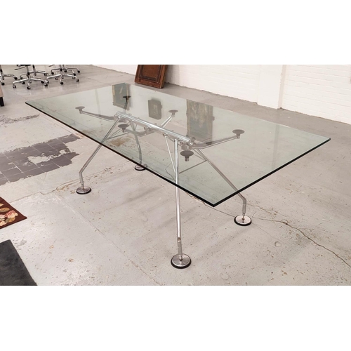 395 - NOMOS TABLE, with a rectangular glass top on pad footed base, 100cm D x 220cm L x 75cm H.