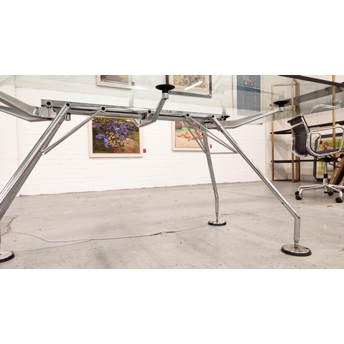 395 - NOMOS TABLE, with a rectangular glass top on pad footed base, 100cm D x 220cm L x 75cm H.