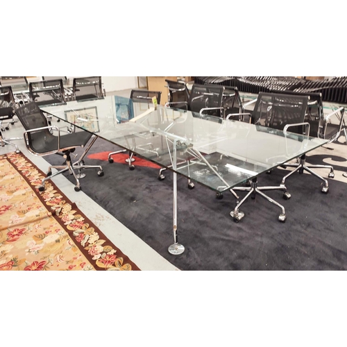 396 - NOMOS TABLE, with a rectangular glass top on pad footed base, 280cm L x 100cm D x 74cm H.