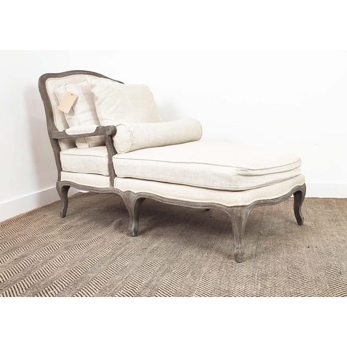 545 - DAYBED, grey linen upholstered with a showframe, 73cm x 99cm H x 148cm L.