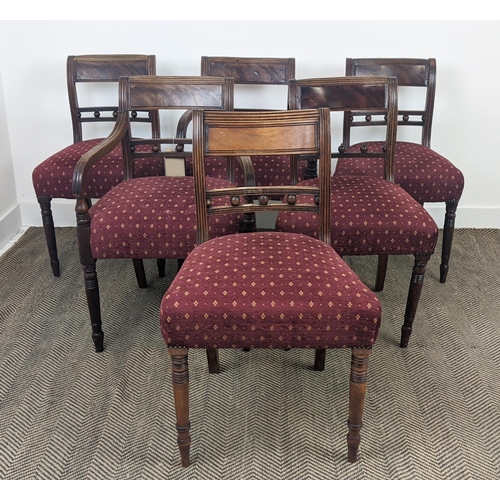 95 - DINING CHAIRS, a set of six, Regency mahogany including two armchairs with burgundy patterned stuffo... 