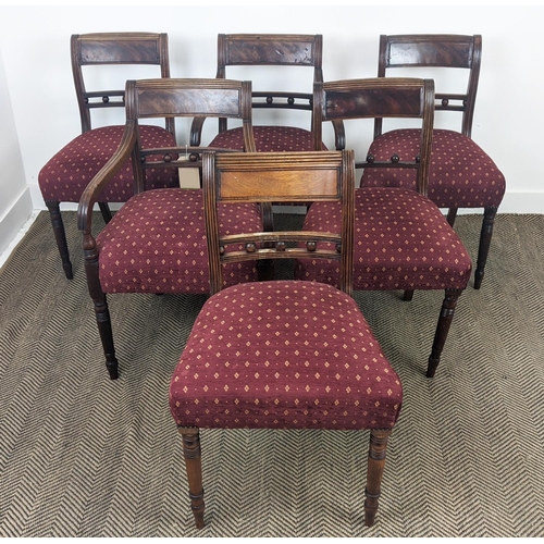 95 - DINING CHAIRS, a set of six, Regency mahogany including two armchairs with burgundy patterned stuffo... 