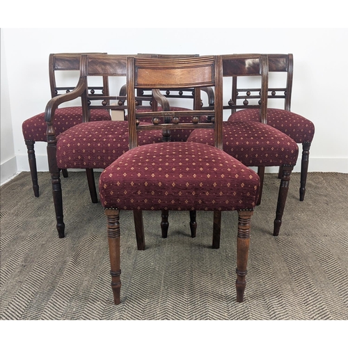 95 - DINING CHAIRS, a set of six, Regency mahogany including two armchairs with burgundy patterned stuffo... 